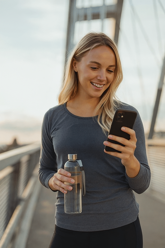 Woman looking at phone booking mobile iv therapy