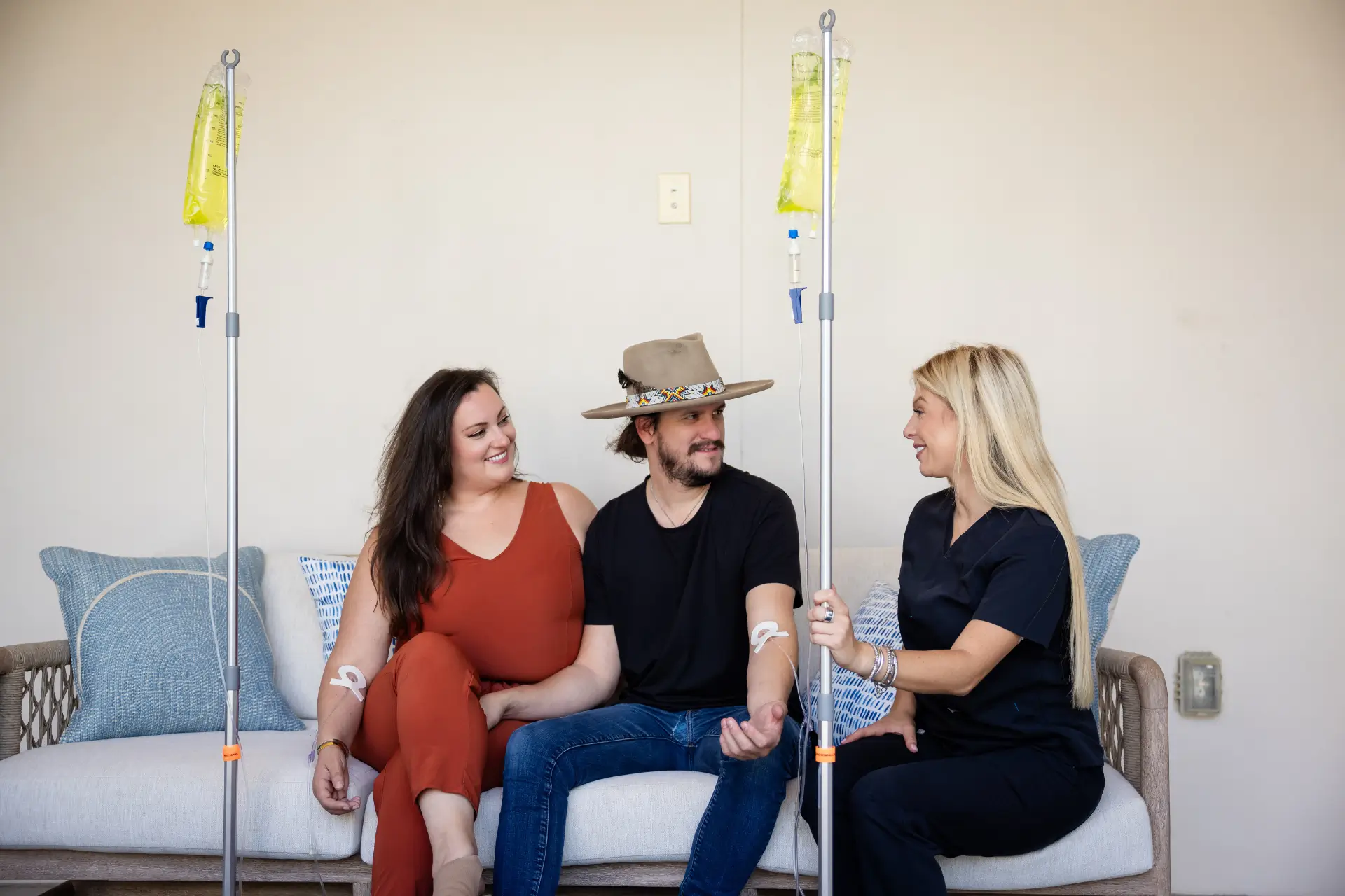 patients speaking with clinician on couch